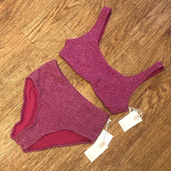 Good American Hawaiian Pink Sparkle Scoop Top and Swim Brief Bikini Set Size 2 - Picture 2 of 11